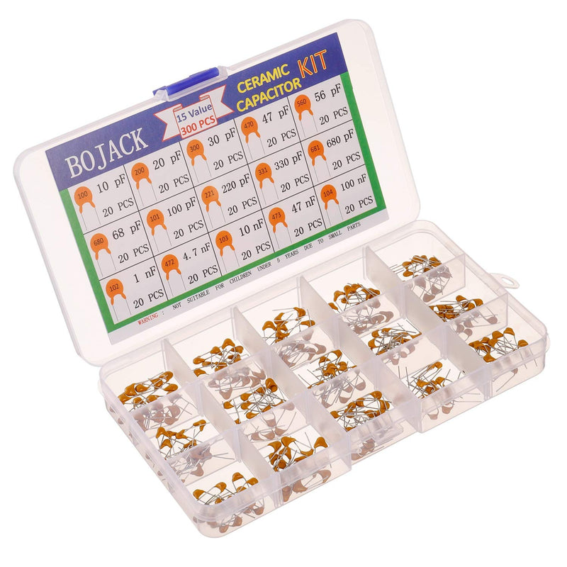 BOJACK 15 Values 300 Pcs Ceramic Capacitor 10 20 30 47 56 68 100 220 330 680 pF & 1 4.7 10 47 100 nF Multilayer Monolithic Ceramic Capacitor Assortment Kit 10pF-680pF,1nF-100nF