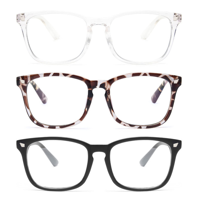 Gaoye 3-Pack Blue Light Blocking Glasses, Fashion Square Fake Nerd Eyewear Anti UV Ray Computer Gaming Eyeglasses Women/Men #Matte Black+leopard+transparent