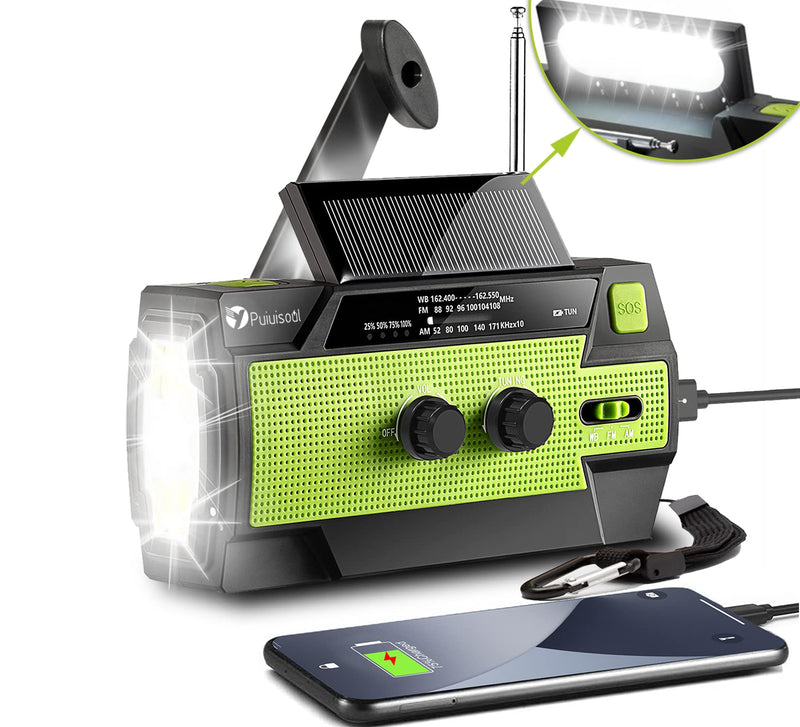 Emergency-Radio,Puiuisoul 4000mAh Weather Radios with Hand Crank & Solar Charging,3 Gear LED Flashlight,SOS Alarm, Portable Power Bank,AM/FM/NOAA,Motion Sensor Reading Lamp Green 4000 mAh