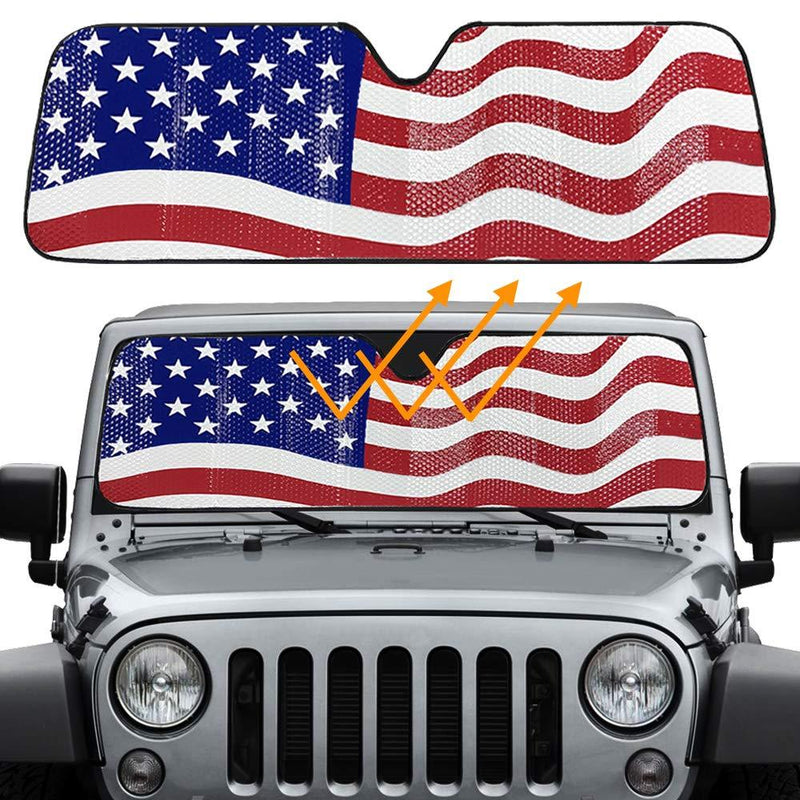Big Hippo Windshield Sun Shade, American Flag Sun Shade for 2007-2021 Wrangler Rubicon Sahara TJ JK JKU 2 & 4 Door- Car Sun Shade Keeps Vehicle Cool Sun Visor Protector