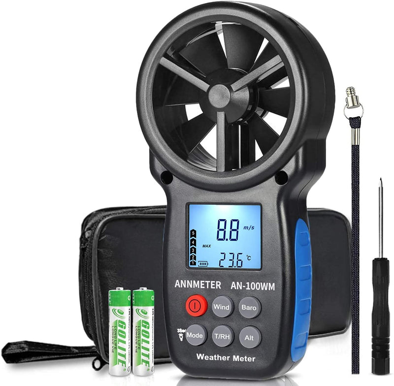 ANNMETER AN-100WM Handheld Wind Speed Chill Temperature Meter Tester, Digital Anemometer for Air Flow, Velocity, Pressure, Humidity Gauge AI-100WM W/ Pressure, Altitude and Humidity
