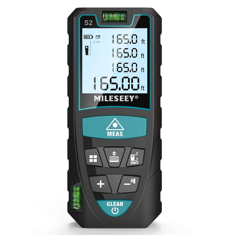 Laser Measure, Mileseey by RockSeed 165 Feet Digital Laser Distance Meter with 2 Bubble Levels,M/In/Ft Unit switching Backlit LCD and Pythagorean Mode, Measure Distance, Area and Volume (165 Feet)