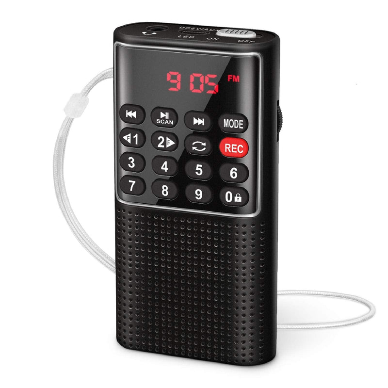 Mini Pocket FM Walkman Radio Portable Battery Radio with Recorder, Lock Key, SD Card Player, Rechargeable Battery Operated, by PRUNUS(NO AM) Black