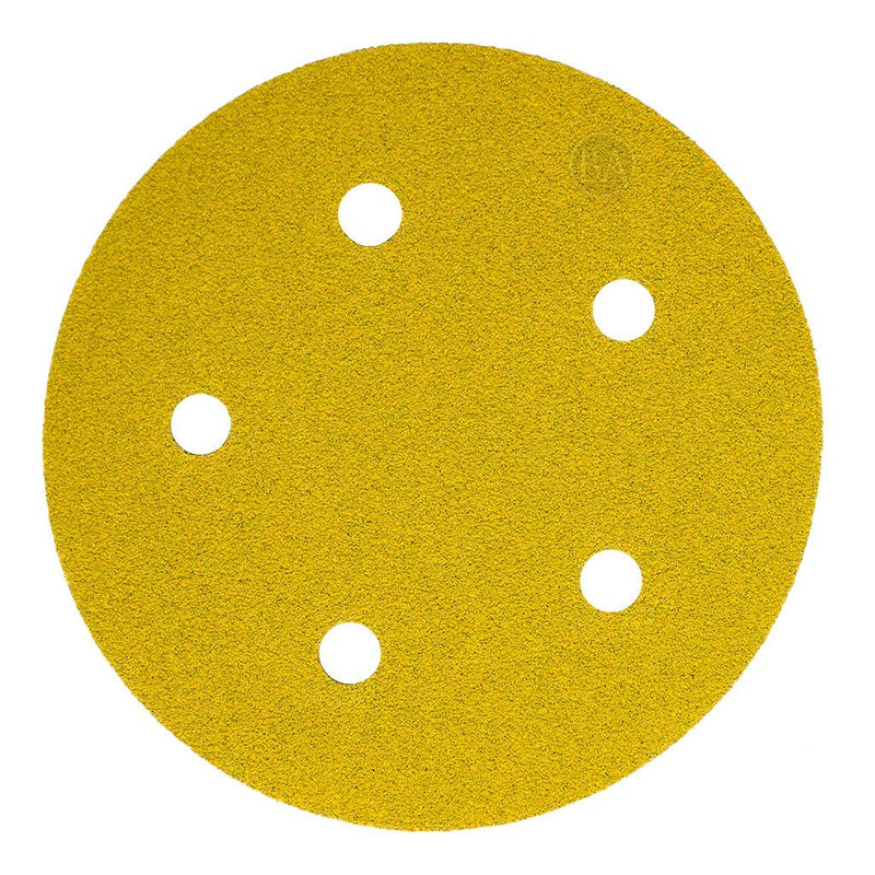 Benchmark Abrasives 5" Stearated Gold 5-Holes Hook and Loop Discs with Precision Finishing - 50 Pack (320 Grit) 320 Grit