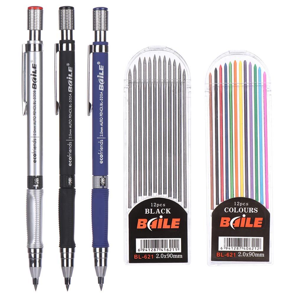 5pcs 2.0 mm Mechanical Pencil Set, 3pcs Automatic Pencils and 2 Cases Lead Refills, Color and Black Refills for Draft Drawing, Writing, Crafting, Art Sketching Student Gift Office School Stationery