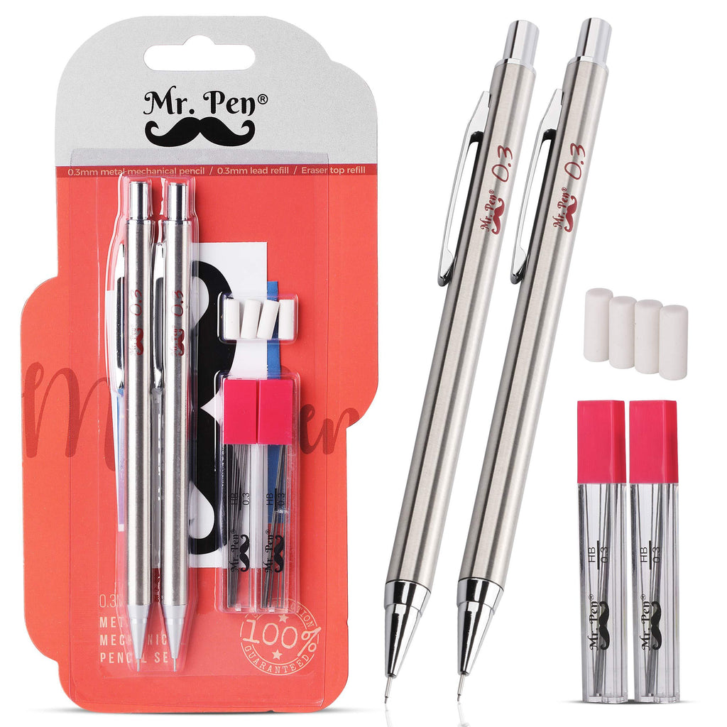 Mr. Pen- Mechanical Pencils 0.3, Pack of 2, Metal Mechanical Pencil with Lead and Eraser, Drafting Pencil, Drawing Pencil, Mechanical Pencil, 0.3 Mechanical Pencils, Artist Mechanical Pencils, 0.3mm