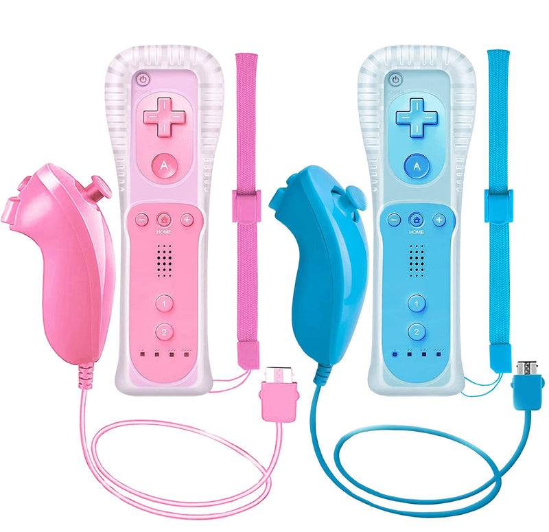 ZeroStory 2 Packs Wireless Controller and Nunchuck for Wii and Wii U Console, Gamepad with Silicone Case and Wrist Strap (Pink and Blue) Pink and Blue