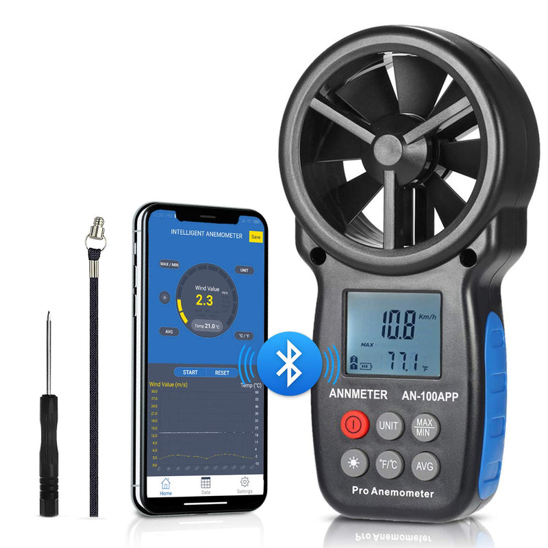 Bluetooth Digital Anemometer, Handheld Wind Speed Meter for Air Flow Velocity Wind Temperature Wind Chill Gauge Tester, with Phone Tablet APP AI-100APP w/Bluetooth APP Connection