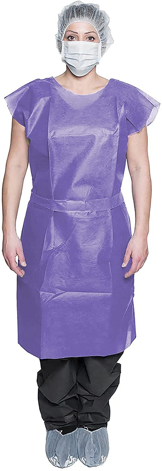 Dukal Disposable Robes 40" Long. Pack of 10 Adult 50 GSM Spunbond Polypropylene Robes with Neck Tie. Purple Patient Frocks with Short Sleeves and Open Back with Belt. Non-Sterile Comfortable Frocks.