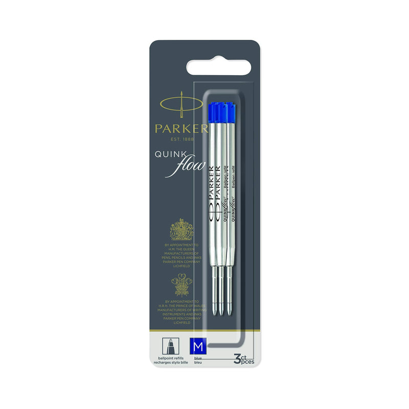 PARKER QUINKflow Ballpoint Pen Ink Refills, Medium Tip, Blue, 3 Count