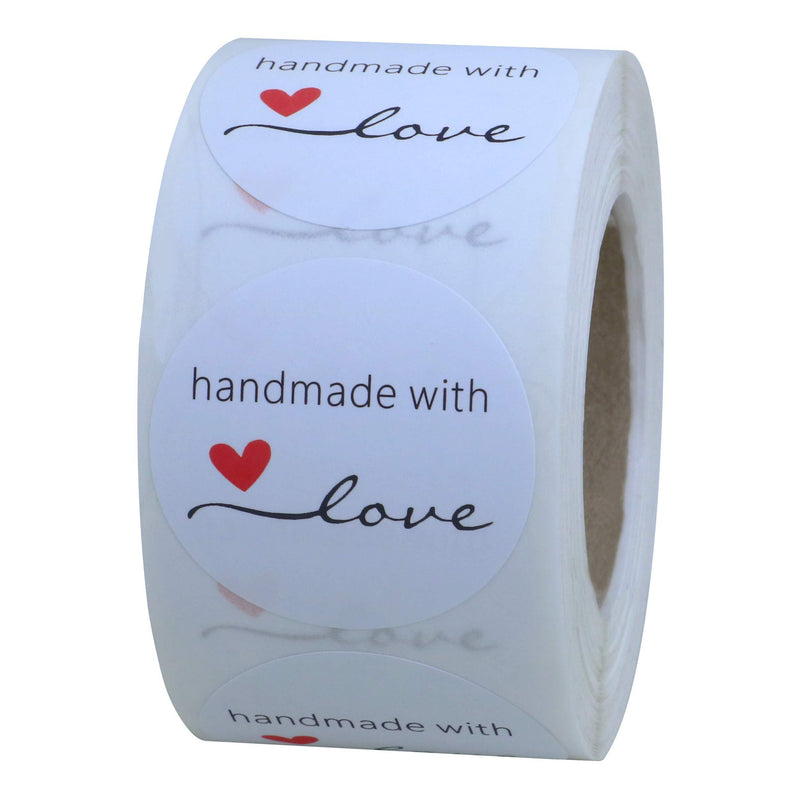 Hybsk Handmade with Love Stickers 1.5" Inch Round Total 500 Adhesive Labels Per Roll (White) White