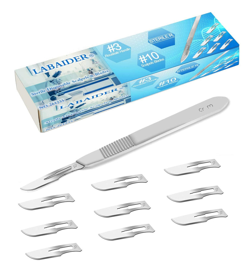 Scalpel Sterile Blades #10 10pcs Sterile Individually Foil Wrapped, with #3 Scalpel Knife Handle for Biology Lab Anatomy, Practicing Cutting, Medical Student, Sculpting, Repairing 10 Pcs