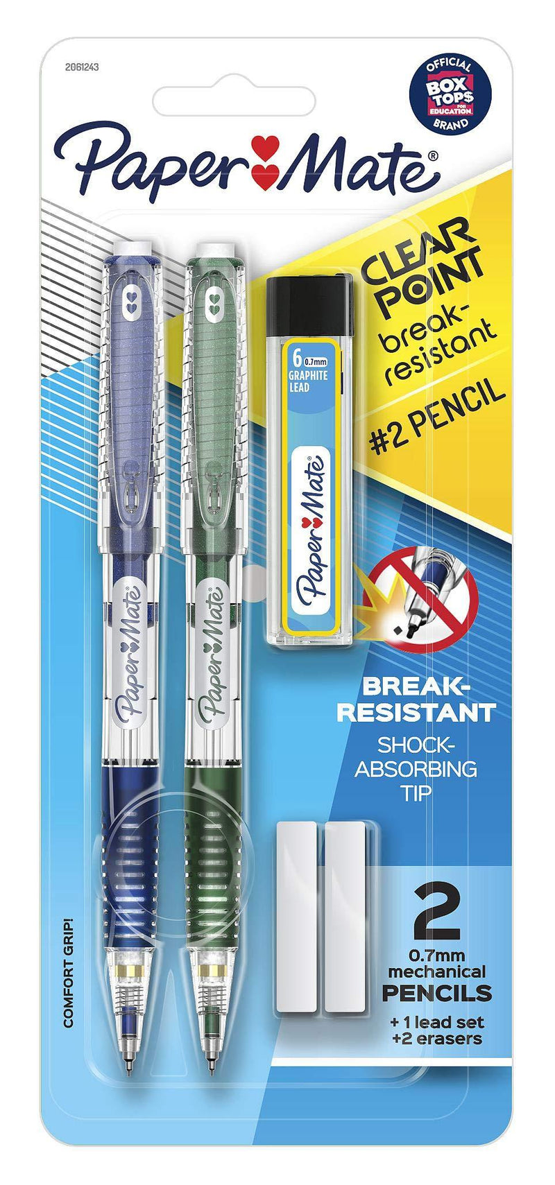 Paper Mate Clearpoint Break-Resistant Mechanical Pencils, HB #2 Lead (0.7mm), 2 Pencils (Dark Blue and Dark Green), 1 Lead Refill Set, 2 Erasers Blue and Green