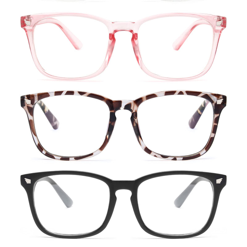 Gaoye 3-Pack Blue Light Blocking Glasses, Fashion Square Fake Nerd Eyewear Anti UV Ray Computer Gaming Eyeglasses Women/Men Matte Black+leopard+pink