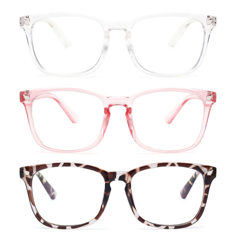 Gaoye 3-Pack Blue Light Blocking Glasses, Fashion Square Fake Nerd Eyewear Anti UV Ray Computer Gaming Eyeglasses Women/Men Leopard+transparent+pink