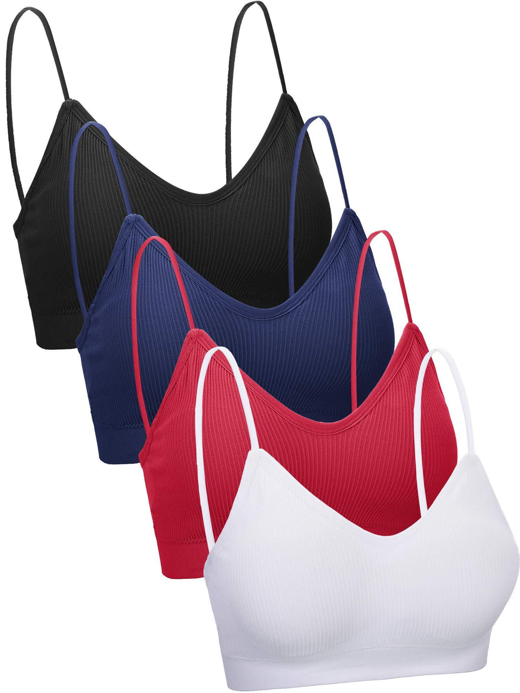 4 Pieces V Neck Cami Bra Padded Seamless Bralette Straps Sleeping Bra for Women Girls Black, White, Wine Red, Navy Blue Small-Medium