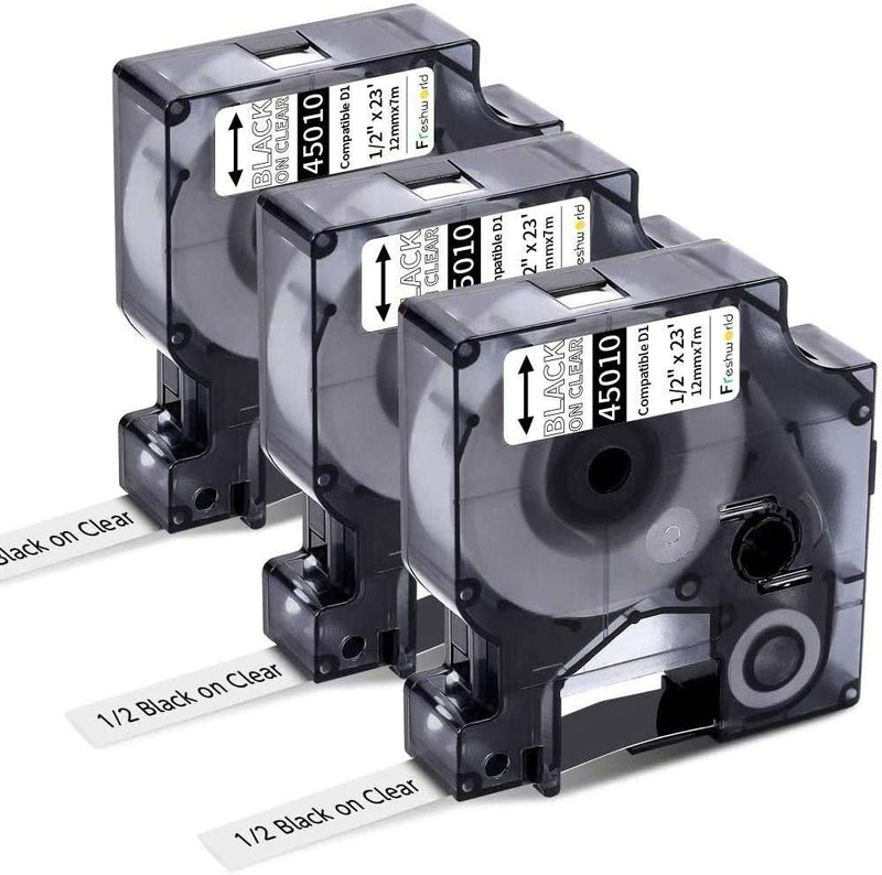 Freshworld Compatible Label Tape Replacement for Dymo D1 Labels Tape 45010 S0720500 Refill,Black on Clear, 1/2'' x 23', Labeling Tape for Dymo LabelManager PnP 160 360D 280 420P 450 Duo Label Maker,3P