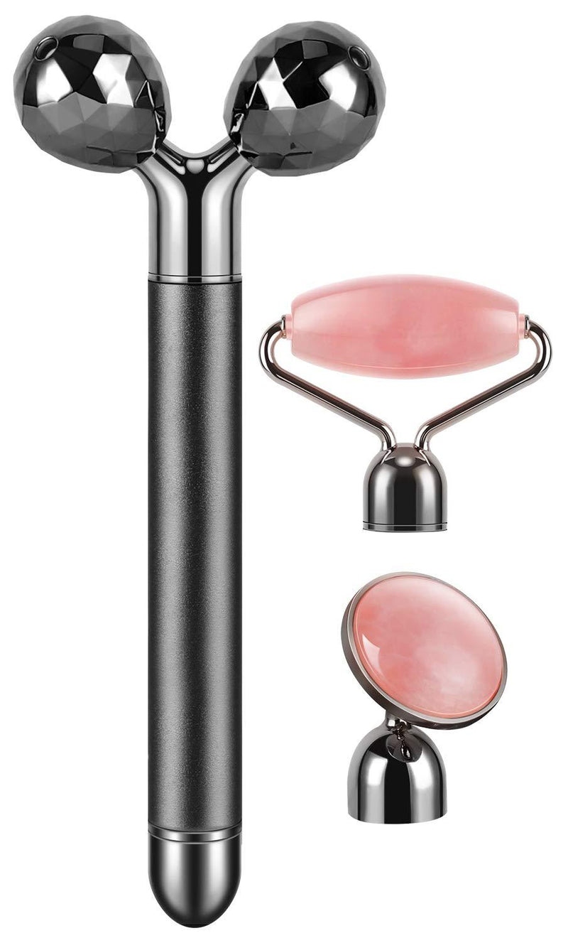 3-in-1 Electric Jade Roller Vibrating Facial Roller & Face Massager, Rose Quartz Black