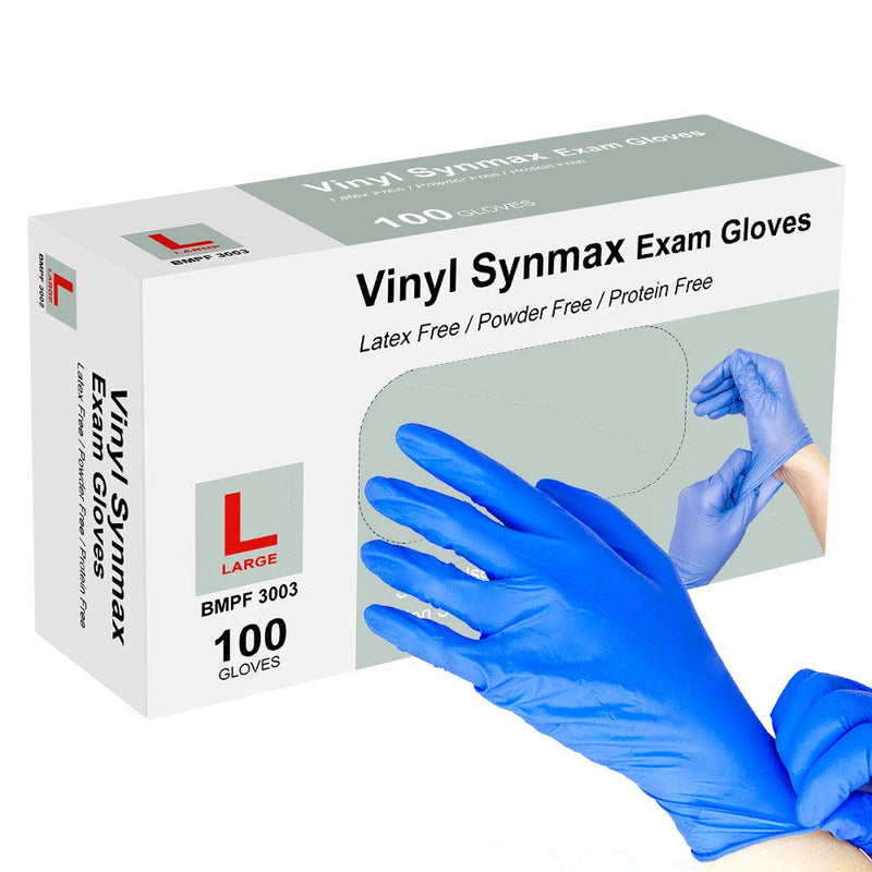 Disposable Gloves, 100Pcs Vinyl Gloves, Upgrade to Exam Blue Color, Powder Free, Latex Free, Kitchen and Food Safe - Ambidextrous (Large)