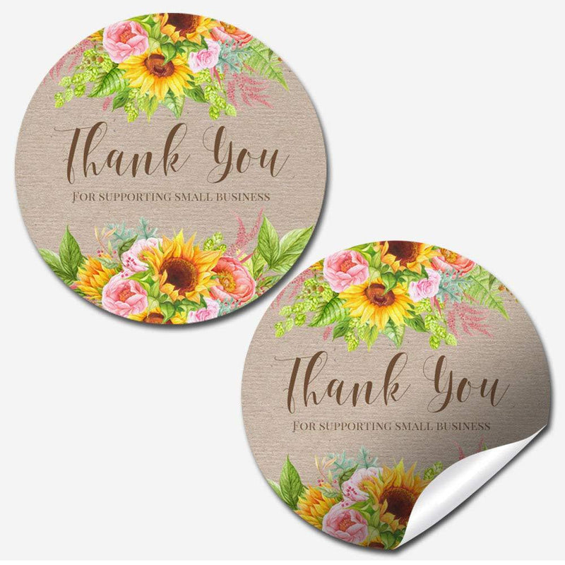 Sunflower and Peony Thank You Customer Appreciation Sticker Labels for Small Businesses, 60 1.5" Circle Stickers by AmandaCreation, Great for Envelopes, Postcards, Direct Mail, More!