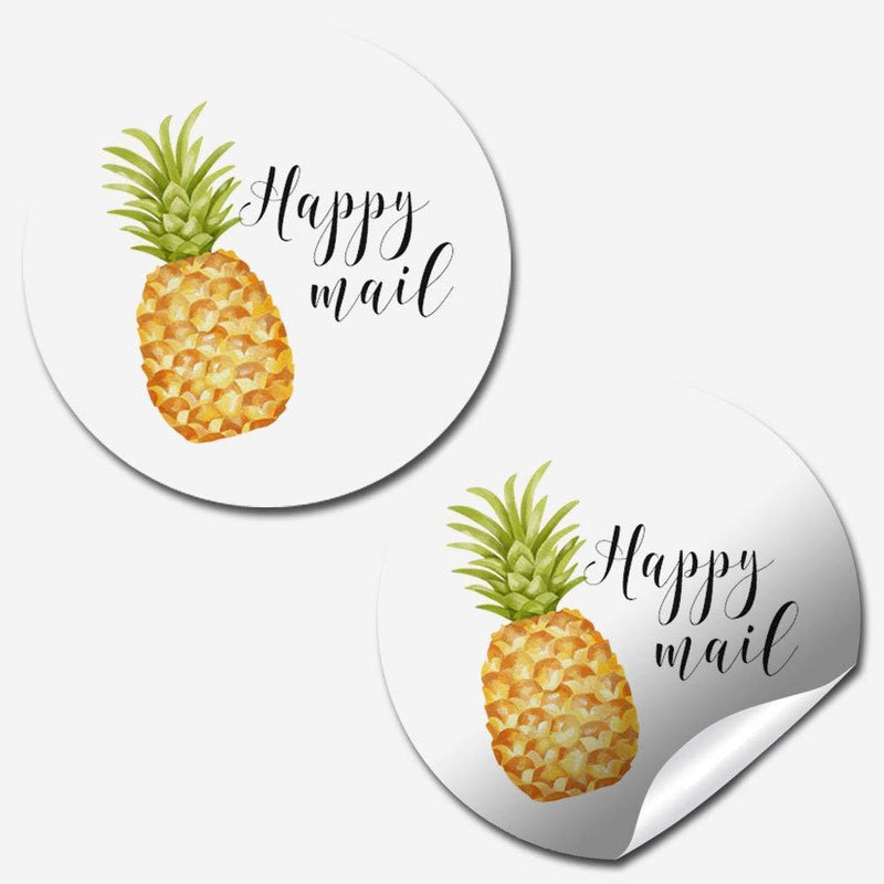 Pineapple Themed Happy Mail Thank You Customer Appreciation Sticker Labels for Small Businesses, 60 1.5" Circle Stickers by AmandaCreation, Great for Envelopes, Postcards, Direct Mail, & More!