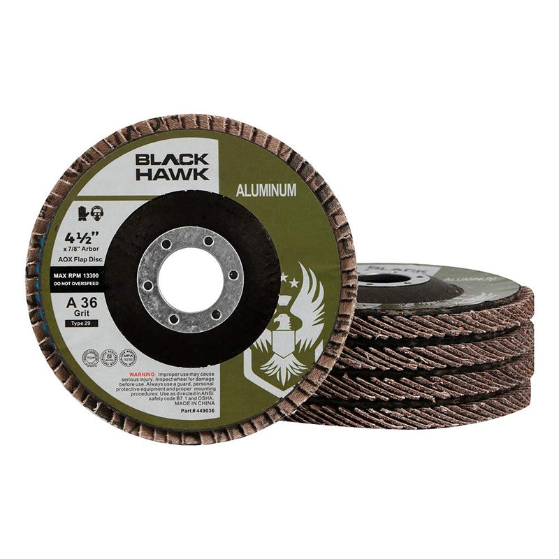 BHA Calcium Coated Flap Discs for Aluminum Type 27, 4.5" x 7/8" - 5 Pack (36 Grit) 36 Grit