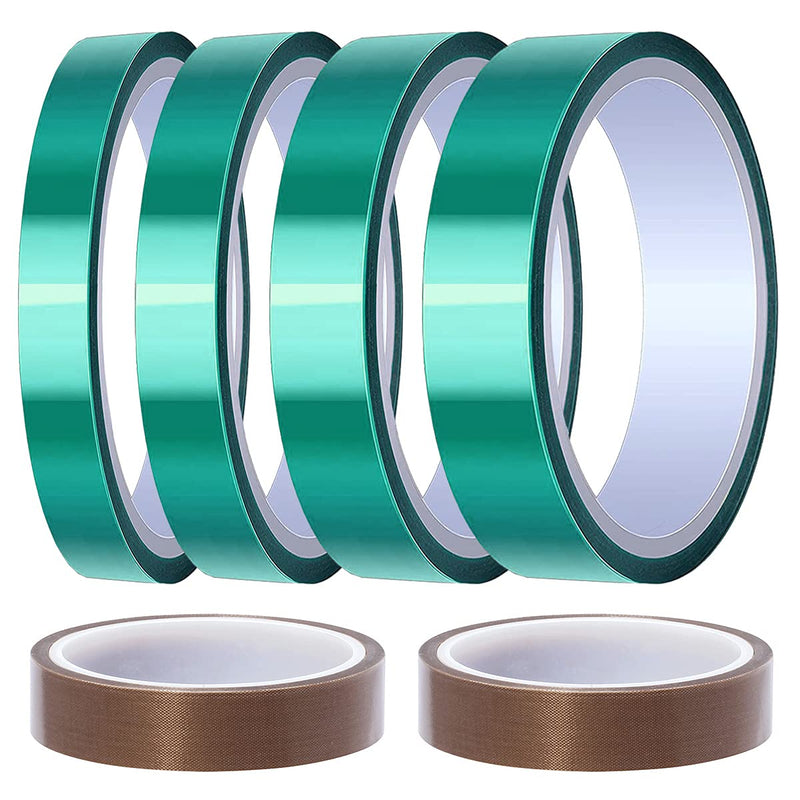 DAOKI 4 Rolls Polyester High Temp Tape Green PET Tape 8/12/20/25mm x 33m(108ft) Silicone Adhesive Tape for Masking, Circuit Boards with 2 Rolls 15mm x 10m(33ft) Teflon Tape 8mm,12mm,20mm,25mm