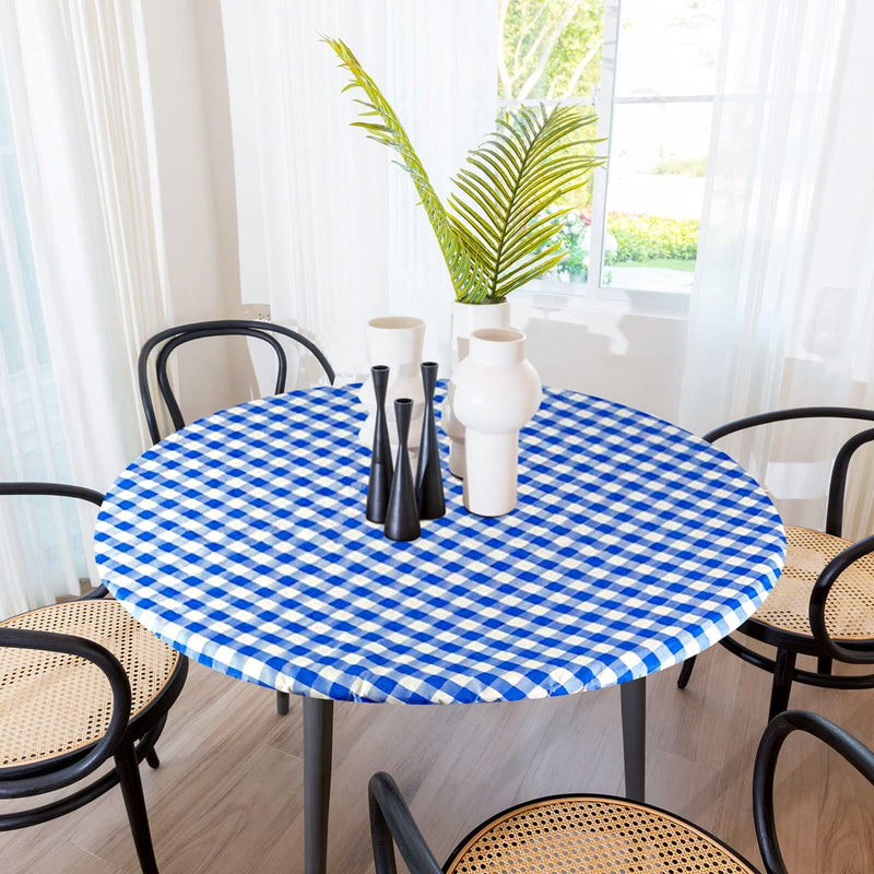 Sorfey Vinyl Round Fitted Tablecloth Cover, Checkered Design, Flannel Backed Lining 30 Inch, Blue 30"