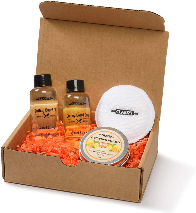 CLARK'S Cutting Board Care Gift Set - Cutting Board Soap, Oil, Wax, and Buffing Pad. Enriched with Orange & Lemon Oils. Small Sizes for a Big Impact!