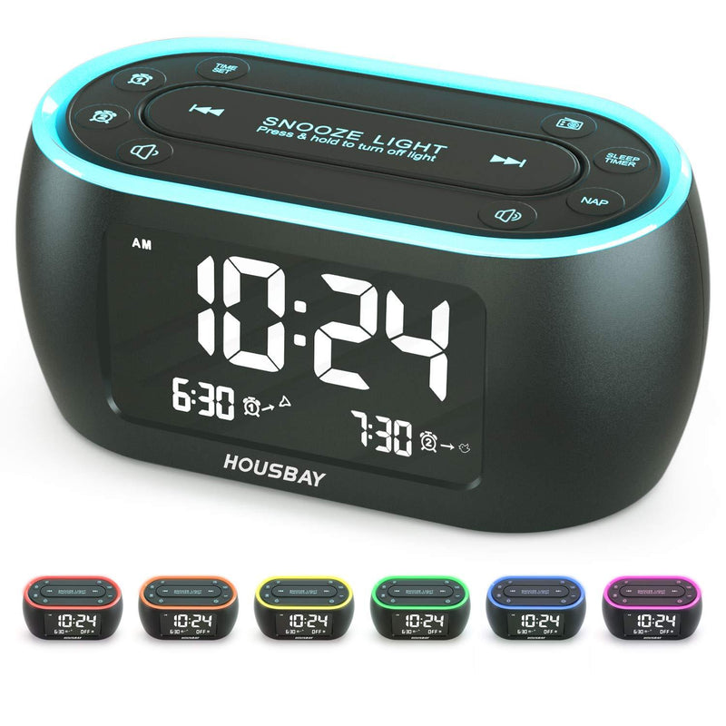 Housbay Glow Small Alarm Clock Radio for Bedrooms with 7 Color Night Light, Dual Alarm, Dimmer, USB Charger, Battery Backup, Nap Timer, FM Radio with Auto-Off Timer for Bedside Black