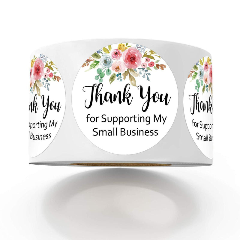 Floral Thank You for Supporting My Small Business Stickers, Perfect for Bakeries, Crafters, Small Business Owners, Online Sales, 1.4 Inch Round, 500 Labels Per Roll.