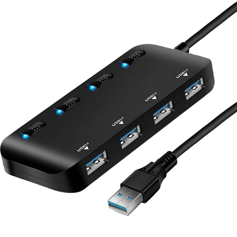 4-Port USB 3.0 Hub with Individual Power Switches and Lights, High-Speed Data Hub Splitter Portable USB Extension Hub for PC Laptop and More (No Power Adapter)