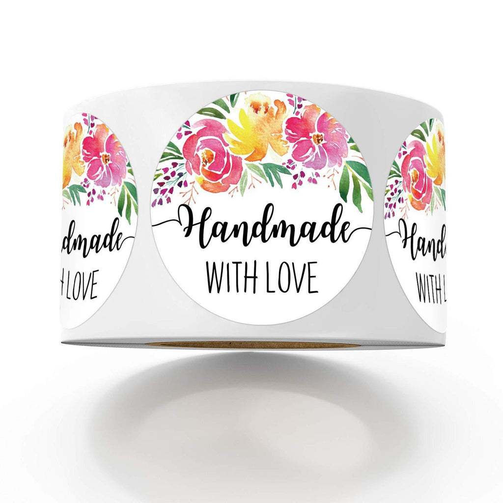 Floral Handmade with Love Stickers, 1.4 Inches Round Total 500 Adhesive Labels Per Roll, Handmade Packaging, Homemade with Love Stickers, Baked with Love Stickers.