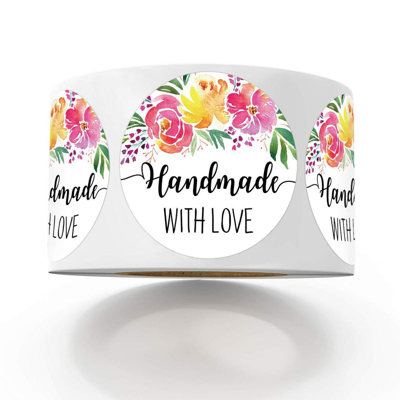 Floral Handmade with Love Stickers, 1.4 Inches Round Total 500 Adhesive Labels Per Roll, Handmade Packaging, Homemade with Love Stickers, Baked with Love Stickers.