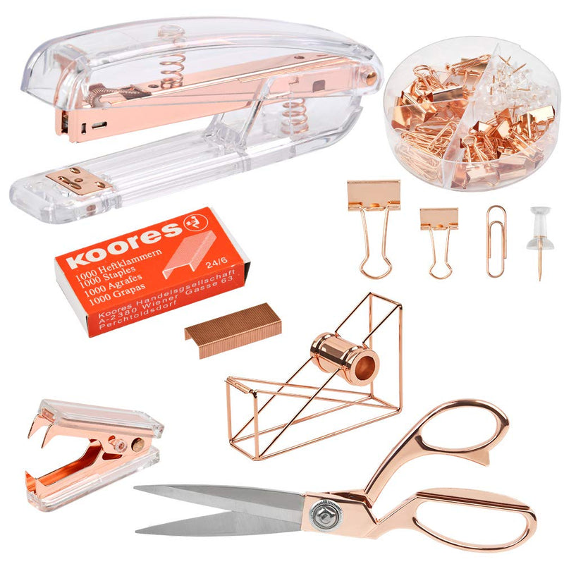 YOTINO Rose Gold Desk Accessory Kit Stapler Bundle,Stapler and Paper Clips,Scissors,Tape Dispenser, with 1000 PCS Rose Gold Staples,22 pcs Binder Clips