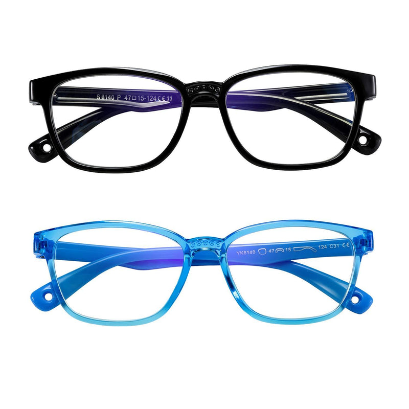 AHXLL Kids Blue Light Blocking Glasses 2 Pack, Anti Eyestrain & UV Protection, Computer Gaming TV Phone Glasses for Boys Girls Age 3-9 (Black+Transparent Blue) Black+transparent Blue