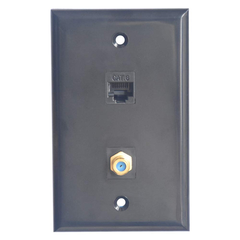Ethernet Coax Wall Plate Black - Cat6 RJ45 Coax Network Wall Plate Female to Female Faceplate- 1 CAT6 Jack + 1 TV Coax Cable/F-Type Connector