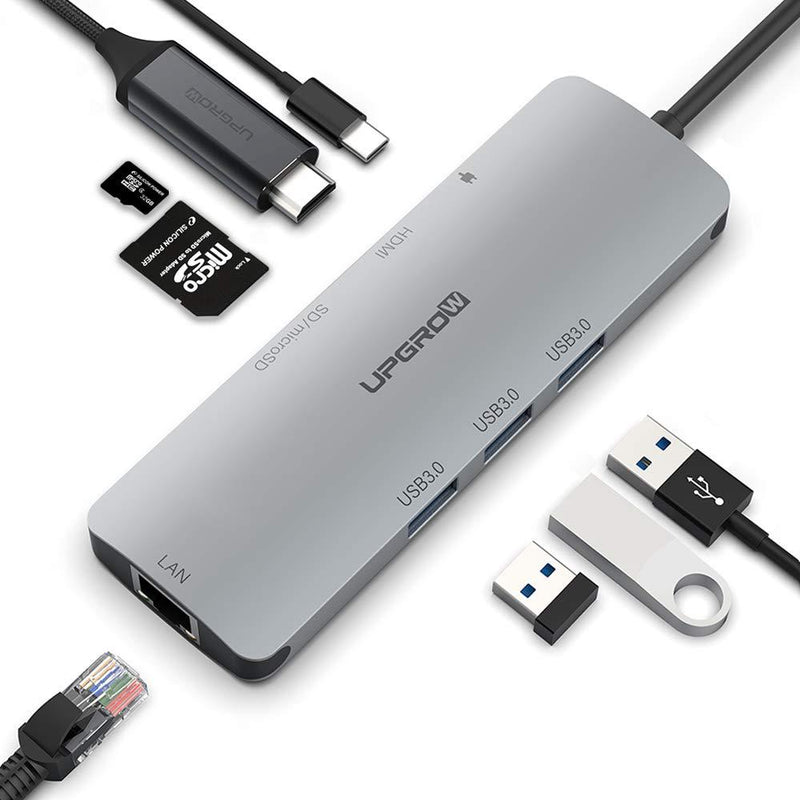 USB C Hub, UPGROW 8-in-1 Type C Adapter with Gigabit Ethernet, 4K Mac HDMI Adapter, 3 USB 3.0, SD/TF Card Reader, USB-C Power Delivery, Portable Splitter for Apple Mac Pro/Air and Other USB C Laptops