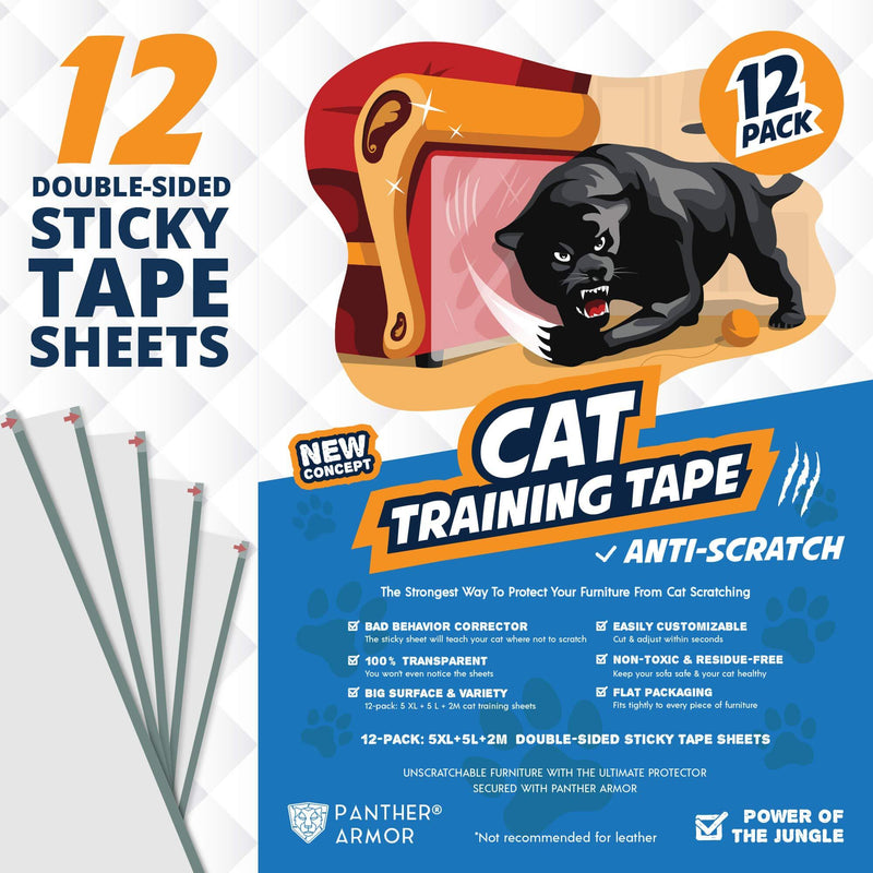 Panther Armor Cat Scratch Deterrent Tape – 12-Pack Double Sided Anti Scratching Sticky Tape – 5-Pack XL 16”L 12”W + 5-Pack Large 17”L 10”W + 2-Pack M 17”L 6”W Furniture Protectors – Training Tape