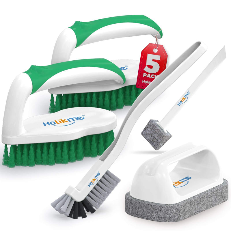 Holikme 5 pack Deep Cleaning Brush Set，Scrub Brush&Grout and Corner brush&Scrub pads with Scraper Tip&Scouring pads，for bathroom,Floor, Tub, Shower, Tile, Bathroom and Kitchen Surface（Green） Green