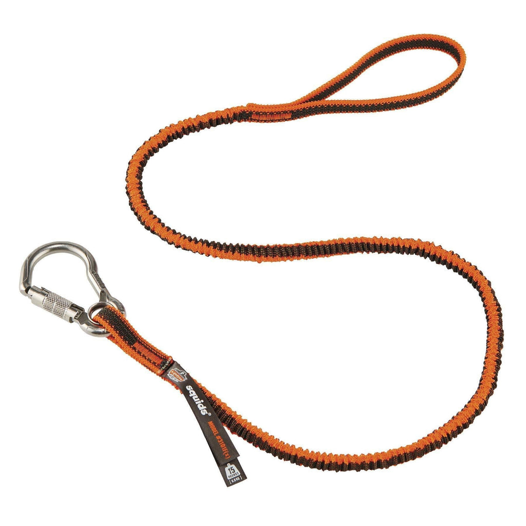 Ergodyne Squids 3101F(x) Shock Absorbing Tool Lanyard with Stainless-Steel Carabiner and Loop End, Tool Weight Capacity 15lbs,Orange & Gray Single Carabiner