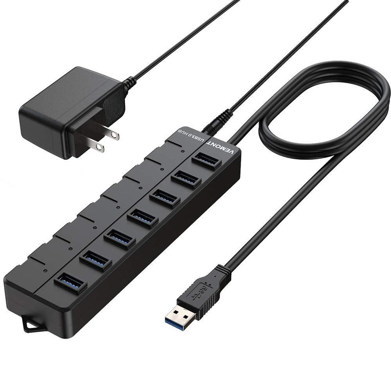 VEMONT Power USB hub,7-Port USB 3.0 hub with 5V2A Power Adapter and Individual On/Off Switches,USB Charging hub 4ft/1.2m Long Cable