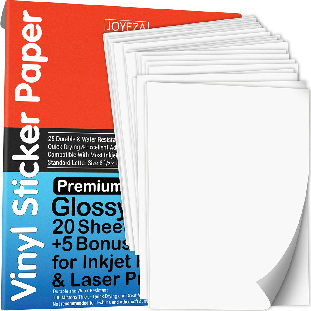 JOYEZA Premium Printable Vinyl Sticker Paper for Inkjet Printer - 25 Sheets Glossy White Waterproof, Dries Quickly Vivid Colors, Holds Ink well - Inkjet & Laser Printer