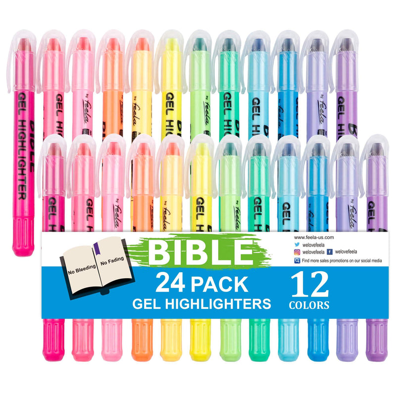 Feela 24 Pack Gel Highlighters, 12 Assorted Colors Bible Highlighter Markers Journaling Supplies, No Bleed Through For Highlighting Journal School Office