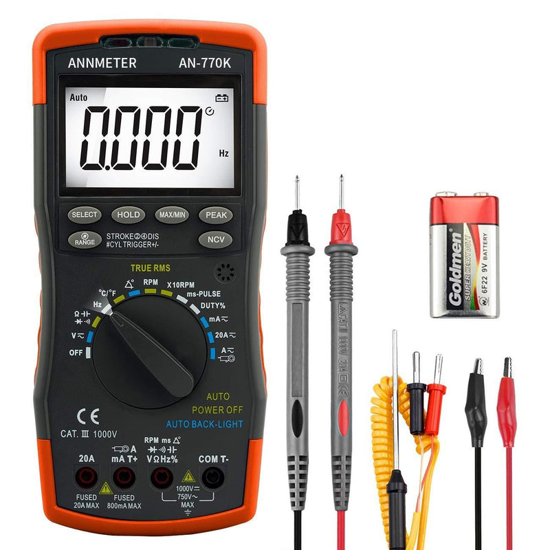 Digital Multimeter Engine Analyzer, Auto-Ranging 6000 Counts Voltage Meter, Volt Ohm Amp DMM Tester, Injection Pulse, Dwell Angle, RMP Tester for Automotive Professionals (ANNMETER AN-770K)