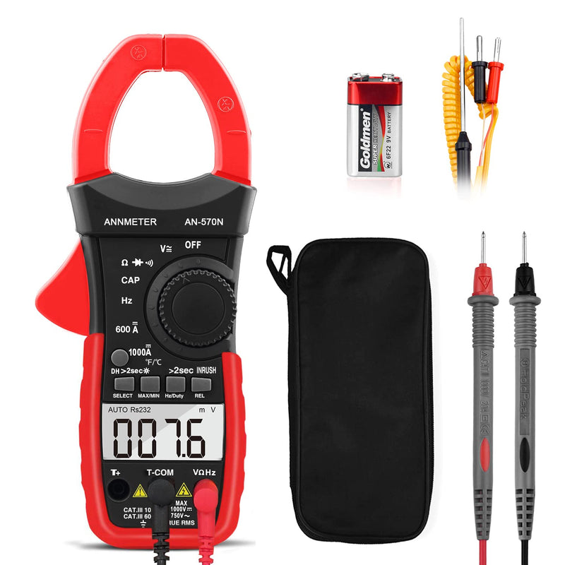 Digital AC DC Inrush Current Clamp Multimeter, 6000 Counts TRMS Auto Range DMM Meter for AC/DC Volt Amp Ohm Temp Duty Hz, Multi-Tester for Voltage Current Resistance Capacitance (ANNMETER AN-570N) 6000 counts & Inrush