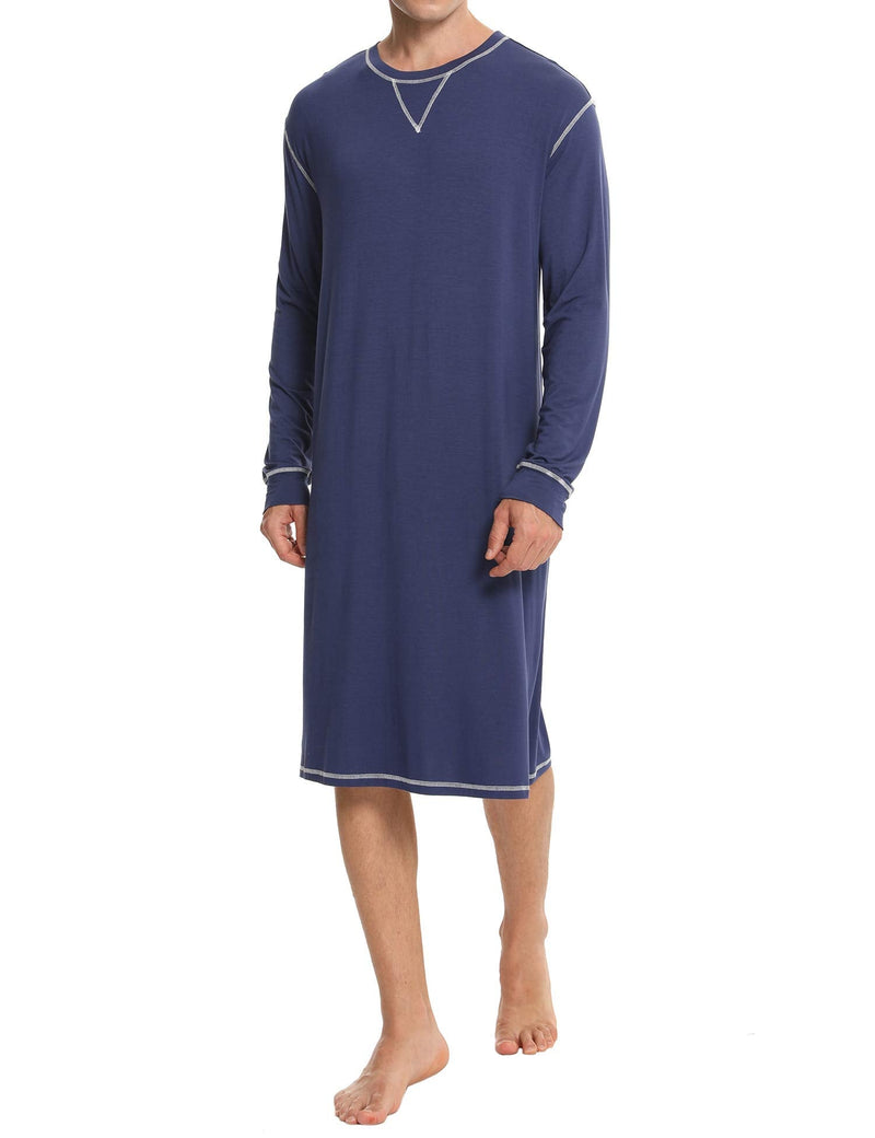 SWOMOG Men's Nightshirt Long Sleeve Crewneck Modal Nightgown Loose Comfy Sleep Shirt Small Navy Blue