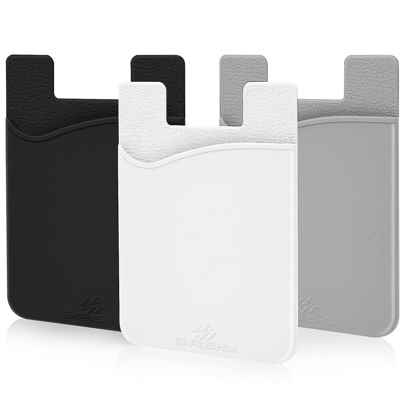 Card Holder for Back of Phone, SHANSHUI Phone Wallet Silicone Credit Card Holder Pocket Pouch Compatible with iPhone, Android & Most Smartphones (Black,White,Gray / 3 pcs) Black White Grey