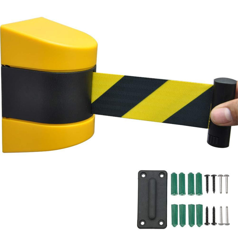Crowd Control Wall Barrier - Wall Mount Black and Yellow Retractable Belt, Safety Belt Safe Braking System and Locking Button Used in Retail Stores Airports Banks Hotels (17 Foot) 17 foot