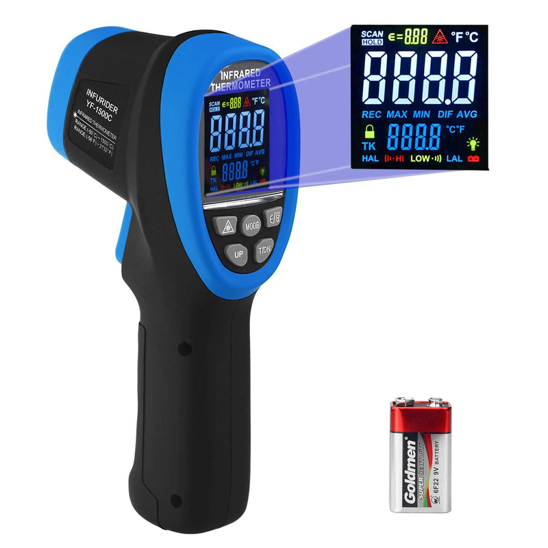Digital Infrared Thermometer, INFURIDER YF-1500C(-58℉~2732℉) Non-Contact Laser Temperature Gun 30:1 High IR Temp Gauge Pyrometer with Color LCD Screen Max/Min Alarm【Not for Human Temp Test】 2.1500C(-58~2732℉)